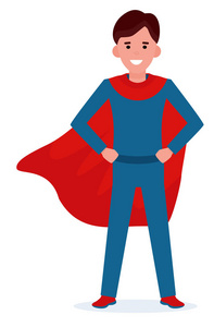 穿着超人姿势的小男孩穿着红色斗篷。 卡通平面设计中的微笑男孩人物。 矢量图。