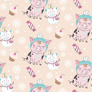 一套可爱的猪场卡通图案人物。 中国象征2019年。 新年快乐。 可爱的动物插图。