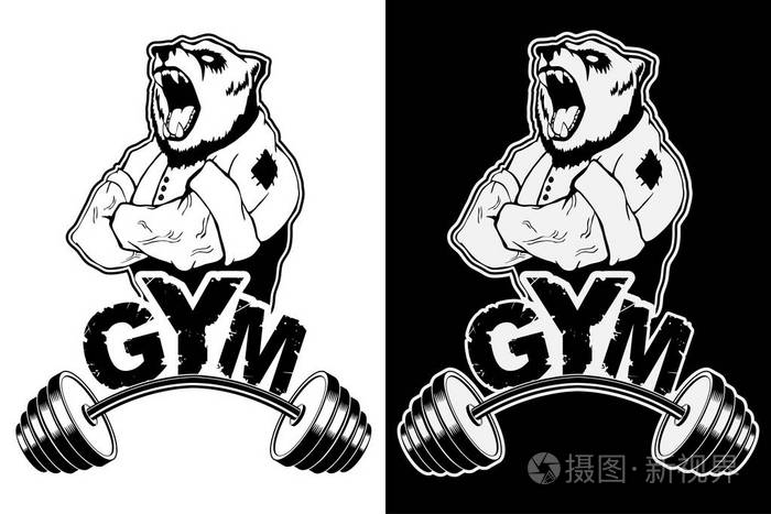 带有强壮熊抽象形象的健身房矢量设计.