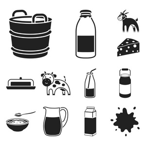 牛奶产品黑色图标集合中的设计. 牛奶和食物矢量符号股票网页插图