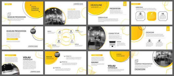 演示文稿和幻灯片布局背景。 设计黄色和橙色渐变圆模板。 用于商业年报传单营销传单广告小册子现代风格。