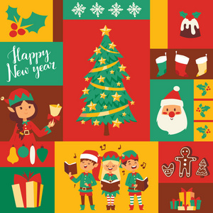 圣诞老人精灵儿童助手矢量插图孩子们庆祝 Cristmas 党。圣诞老人在传统服装圣诞2019背景。小精灵圣诞孩子们
