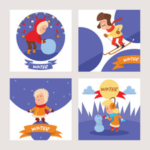 圣诞节的孩子玩冬季游戏滑冰, 滑雪, 雪橇, 女孩装扮圣诞树, 男孩和女孩做一个雪男人, 孩子玩雪球。卡通新年冬季假期背景