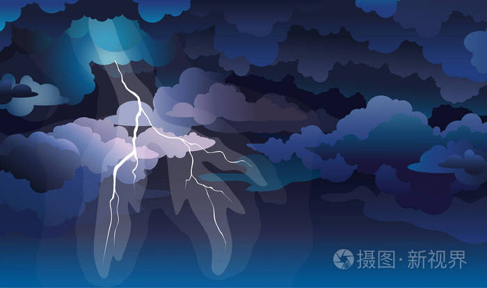 矢量夜间摩天大楼与蓝天,夜空和闪电. 夏季风暴的自然插图.