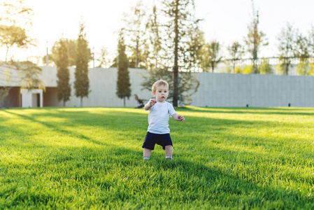 可爱的宝宝跑在绿色的草坪上,在阳光明媚的日子里玩着追赶大自然的