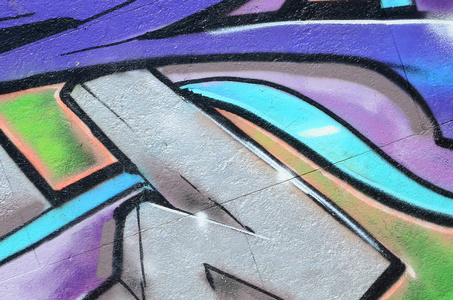 涂鸦图纸的碎片。街道艺术文化风格中用油漆污渍装饰的老墙面..紫色色调的彩色背景纹理。