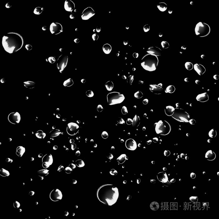 黑色背景上孤立的白色气泡. 雨水滴落. 水下氧气.