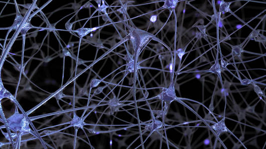 神经元细胞和突触网络的三维绘制,在人脑内部传递信息时,电脉冲和放电