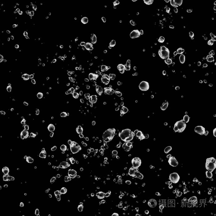 黑色背景上孤立的白色气泡. 雨水滴落. 水下氧气.