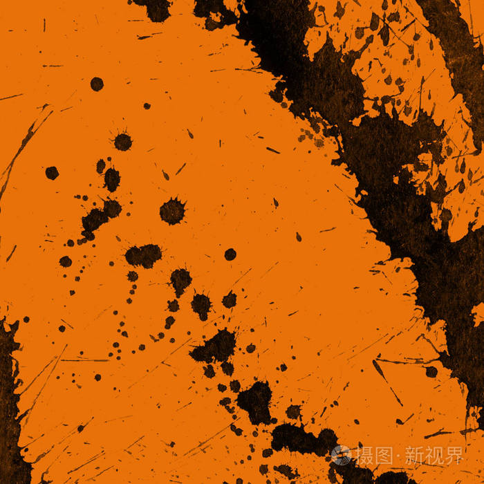 抽象黑色油漆飞溅纹理在橙色背景上