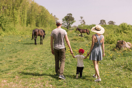 一个年轻的家庭的后景，这个家庭正走在牧马的空地旁