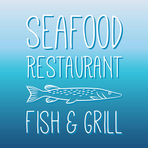 海鲜餐厅菜单鱼和烧烤标签徽章。 用于海上食品标志印刷品和邮票。