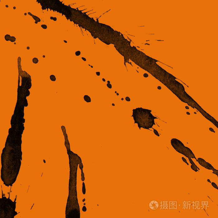 抽象黑色油漆飞溅纹理在橙色背景上