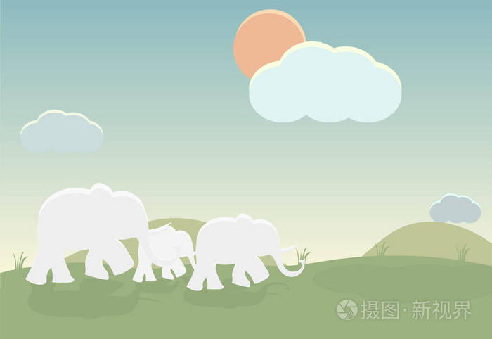 大象走在绿草上去森林时间自然背景矢量艺术和插图插画-正版商用图片