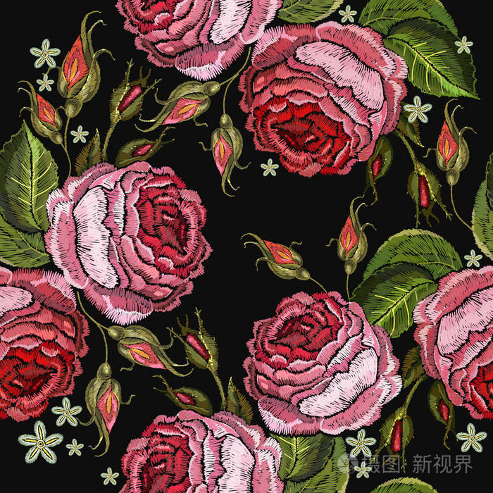 美丽的红玫瑰花蕾古典时尚风格的黑色背景. 服装,纺织品,t恤设计模板