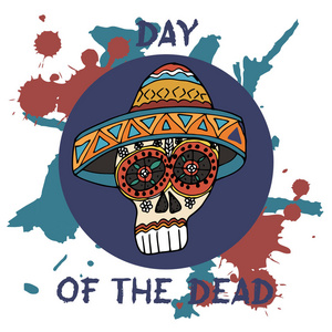死者的一天。 墨西哥传统节日迪洛斯穆埃托斯。 手绘头骨，白色背景上有花装饰。