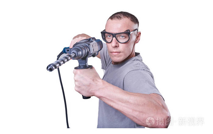 人建设者眼镜在白色背景下手上的钻头被隔离