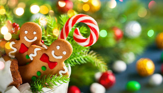 圣诞节饼干，甜糖果，棉花糖在玻璃完美的想法圣诞礼物或装饰。