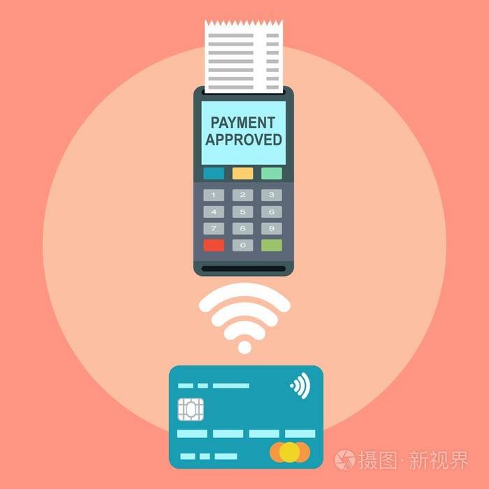 等距 Pos 终端通过借记信用卡确认付款。平面设计插图。Nfc 支付概念