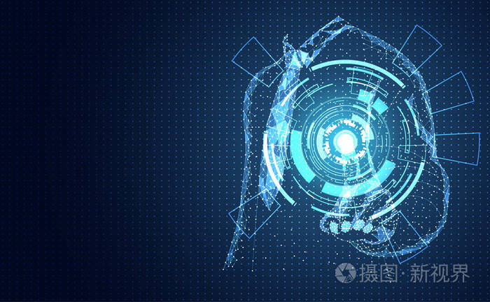 抽象技术概念线三角形和点商人低多指指向未来主义虚拟全息通信系统连