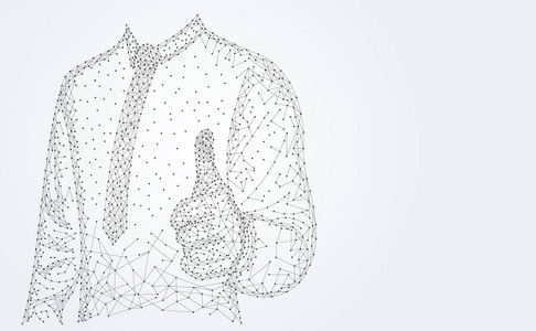 抽象技术线三角形和点商人低聚拇指在手多边形未来现代线架上高科技未来灰色背景。 用于模板Web设计或演示。