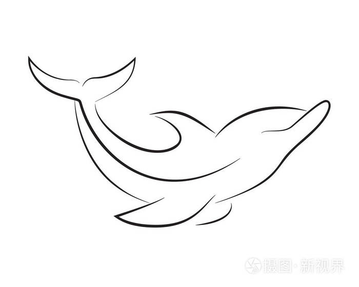 白色背景上的黑线海豚. 手绘矢量图形.