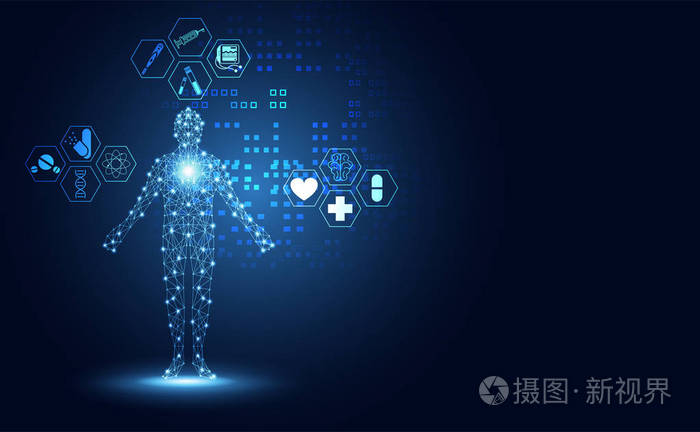 抽象技术数字健康医学概念人类数字医学符号在高科技蓝色保健药房梯度