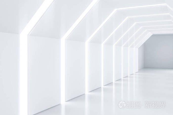 未来派空的白色六角形走廊与照明天花板和墙壁 侧视 建筑和高科技创意的概念 3d渲染照片 正版商用图片 摄图新视界