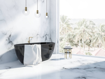 白色大理石浴室角落，配有黑色浴缸和带热带景观的全景窗口。 3D渲染