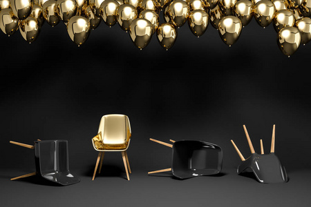 黑色的椅子躺在黑色的房间地板上。 站着的金椅子。 天花板附近有许多气球。 在生活和商业中独特而强大的概念。 3d渲染复制空间