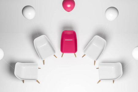 白色椅子的圆圈，中间有一把粉红色的椅子和气球。 上面的风景。 头脑风暴和团体治疗的概念。 3D渲染