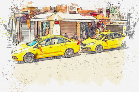 水彩素描或插图。伊斯坦布尔街头的传统黄色出租车