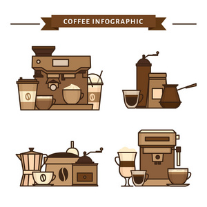 咖啡对象和设备。 杯子和咖啡的酿造方法。 咖啡机和咖啡机水壶法国按摩卡壶Cezve。 平面样式矢量插图。