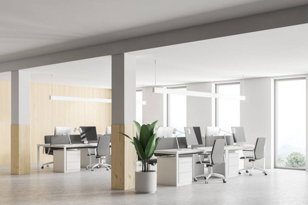 时尚的木材和白色墙壁办公室内部与阁楼窗户和开放空间区域。 在盆栽和柱子上种植。 3D渲染