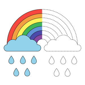 矢量绘图工作表为学龄前儿童容易游戏水平的困难。 给孩子们的简单教育游戏。 幼儿用彩虹云和雨滴图