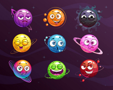 滑稽的卡通五颜六色的 emoji 表情行星设置.矢量漫画梦幻空间人物照片
