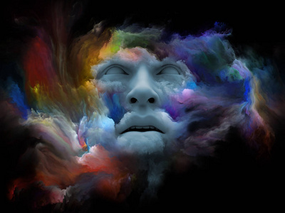 心灵雾系列。 以分形画为主题的人脸三维渲染的艺术抽象，梦幻情感想象和创造性思维