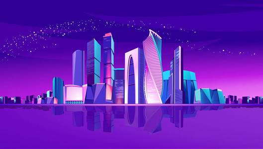 未来主义霓虹灯城市莫斯科商业中心河岸与摩天大楼的倒影