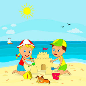 男孩和女孩在夏天的背景上建造沙堡