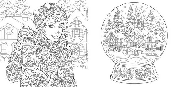 着色页。 成人着色书。 彩色图片与冬季女孩和神奇的雪球。 抗应力写意素描与涂鸦和禅宗元素。