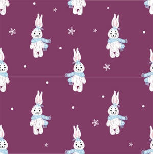 无缝矢量图案与可爱的兔子和熊在围巾和帽子。 可用于壁纸图案填充网页背景表面纹理礼品。