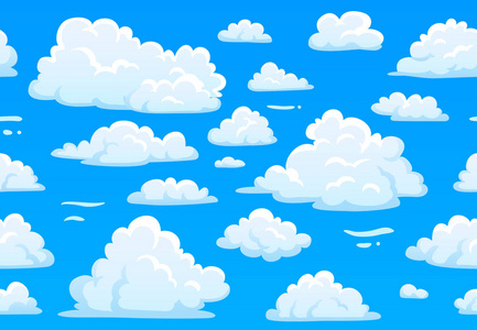卡通蓝多云的天空。水平无缝图案与白色蓬松的云彩。2d 游戏阴天矢量纹理