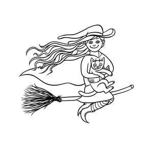 万圣节好女孩女巫扫帚与白猫.年轻的魔术师和宠物的所有圣人日.