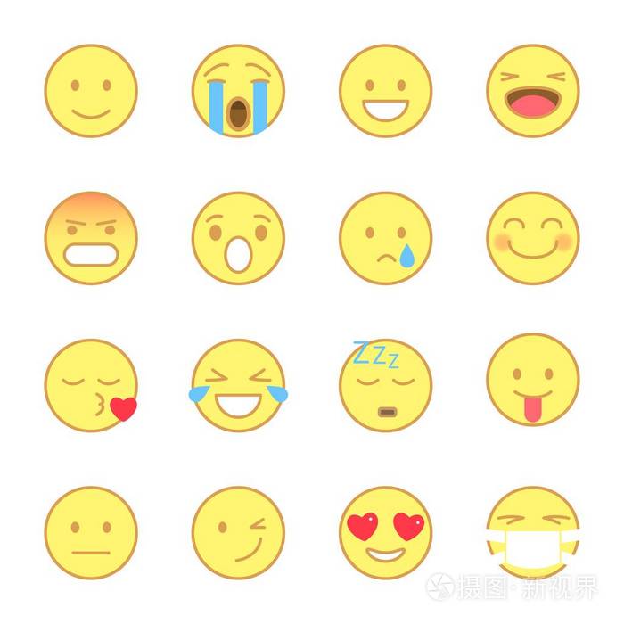 笑脸平面图标设置.emoji 表情和图释线扁平样式.
