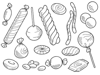棒棒糖黑白糖果套装图形甜食黑白隔离插图矢量照片
