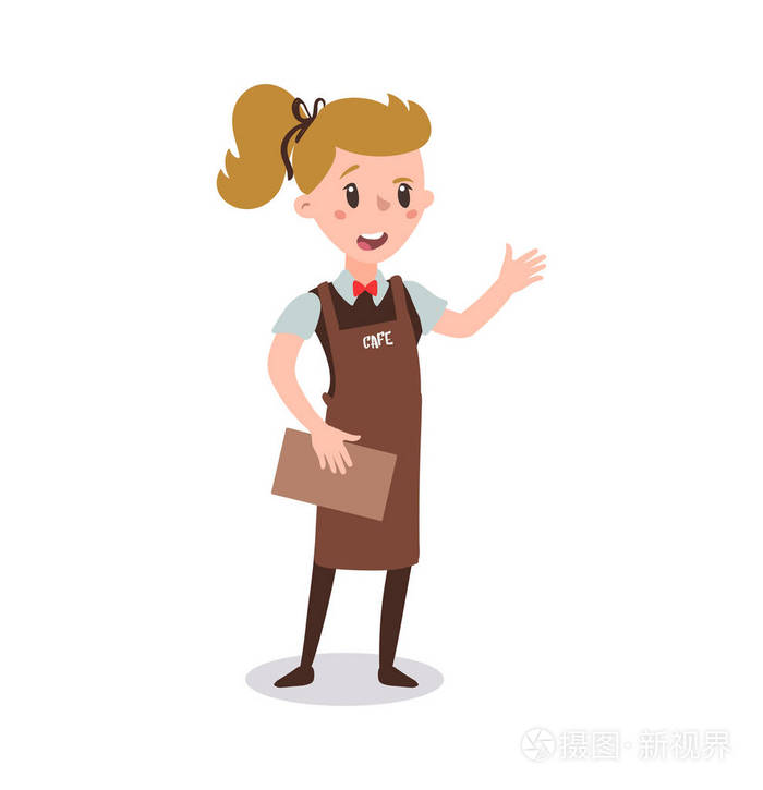 服务员穿着制服拿着一盘鸡肉卡通人物一套有趣的平面卡通人物