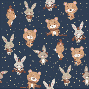 无缝矢量图案与可爱的兔子和熊在围巾和帽子。 可用于壁纸图案填充网页背景表面纹理礼品。