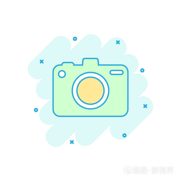 卡通彩色照片相机图标的漫画风格摄影师凸轮插图象形文字相机标志飞溅