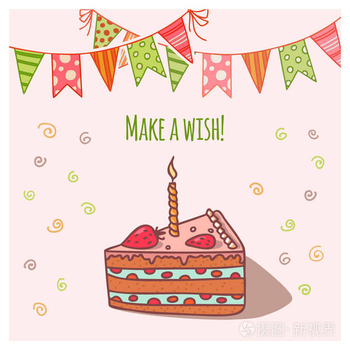 许愿吧.带有蜡烛和花环的蛋糕和生日贺卡的矢量插图
