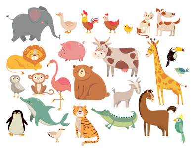 卡通动物。可爱的大象和狮子, 长颈鹿和鳄鱼, 牛和鸡肉, 狗和猫。农场和大草原动物向量集